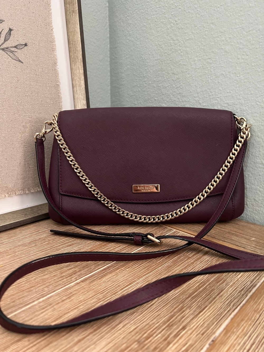 kate spade Burgundy Saffiano Leather Crossbody with Gold Chain